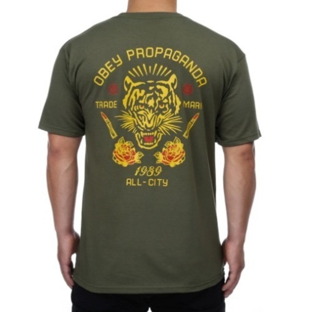 Obey | Mens Propaganda Tiger Rose Graphic T Olive Green All-City 1989 | Size S